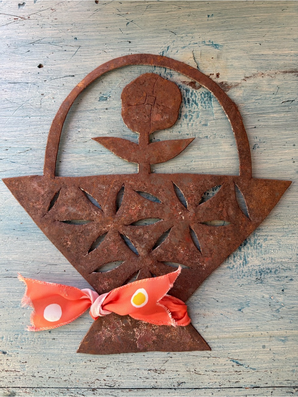 Rustic Sheet Metal Flower Basket Wall Accent with Orange Bow - Picture 3 of 8